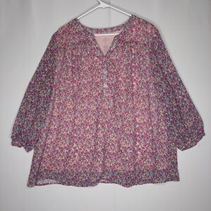 St Johns Bay Micro Floral Top Women 2X Pink Chiffon Lined V-Neck Button 3/4 Puff